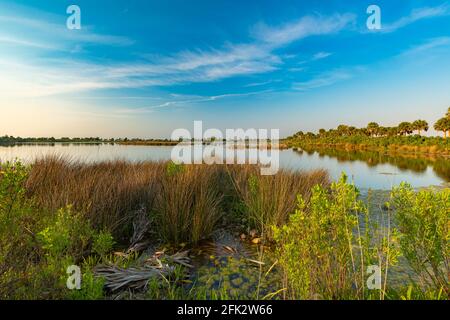 Guardando verso sud, il sole tramonta al St. Marks Wildlife Refuge. Foto Stock