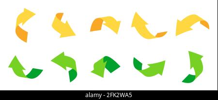 Frecce curve piatte di colore verde o giallo impostate in 3d. Icone del cursore o della direzione. Freccia realistica attorcigliata in varie direzioni. Segno del puntatore. Navigazione arrotondata. Isolato su illustrazione vettoriale bianca Illustrazione Vettoriale