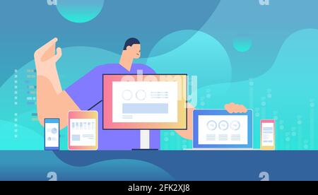 uomo d'affari che monitora le informazioni su diversi dispositivi adaptive responsive web design sviluppo di applicazioni Illustrazione Vettoriale