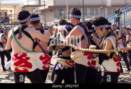 Caratsu, Giappone - 3 novembre 2016: I partecipanti al festival Caratsu Kunchi tirano carri enormi durante la cerimonia di Otabisho Shinko Foto Stock