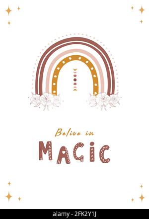 Poster con arcobaleno astratto e luna. Credete nella magia. Design scandinavo per carta da parati e arredamento per la casa. Sfondi geometrici contemporanei. Moderno Illustrazione Vettoriale