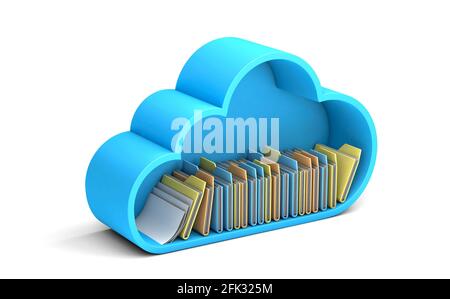 Archiviazione cloud. Cloud con file e cartelle di backup isolati su sfondo bianco. rendering 3d Foto Stock