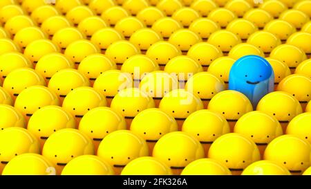 La folla e uno speciale. File di uomini gialli e un blu sorridente. rendering 3d. Foto Stock