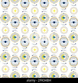 Pattern con occhi blu e vari simboli. Illustrazione Vettoriale