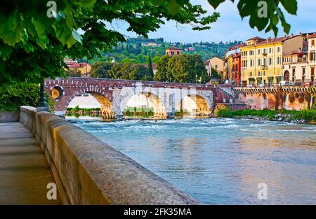 La vista dell'antico ponte romano pietra attraverso il fiume Adige dal giardino ombreggiato di Piazza Bra Molinari, Verona, Italia Foto Stock