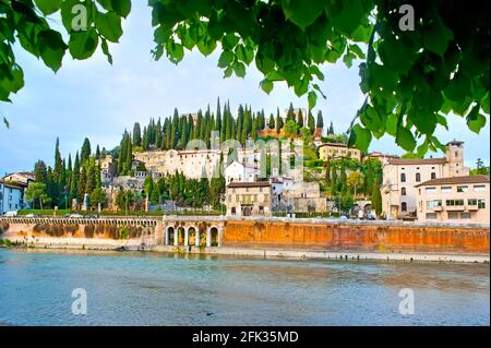 La vista panoramica del fiume Adige e del colle San Pietro con cipressi, case medievali, anfiteatro romano e Castello di San Pietro, che domina la collina, Foto Stock