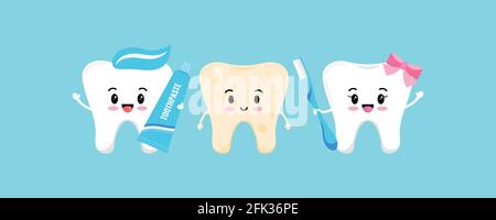 Dente con placca e carino sano dente ragazza con spazzolino da denti e ragazzo con dentifricio. Illustrazione Vettoriale