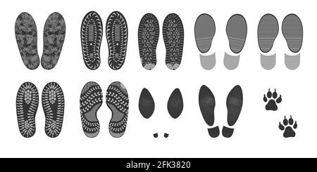 Impronte di scarpe umane, serie vettoriale di silhouette isolate su sfondo bianco. Stampa suole per calzature. Protezione per i piedi, stivali, sneakers, scarpe, donna Illustrazione Vettoriale