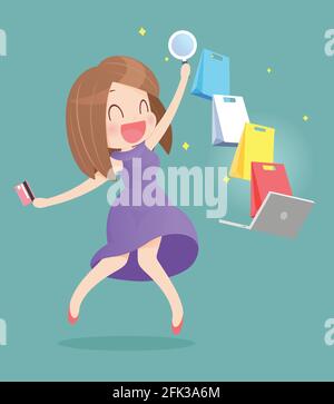 Donna felice facendo shopping online Illustrazione Vettoriale