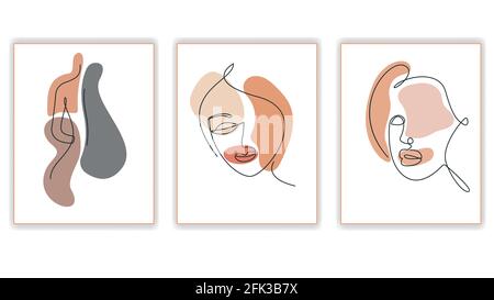 Set di ritratti femminili astratti disegnati su una linea. Illustrazione Vettoriale