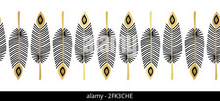 Senza cuciture con bordi vettoriali in oro nero. Ripetizione orizzontale disegno mano linea di piuma illustrazione Boho texture dorata metallizzata. Per Illustrazione Vettoriale