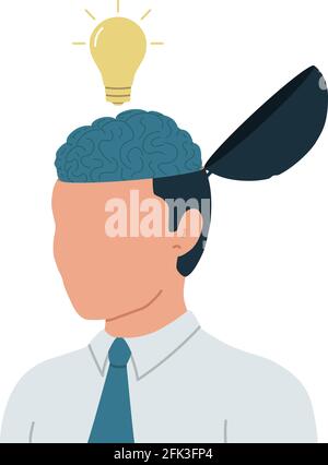 Concetto aziendale di generazione di idee. Illustrazione concettuale vettoriale di un uomo d'affari con un cervello e una lampadina. Illustrazione Vettoriale
