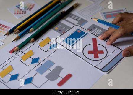 I progettisti disegnano il concetto di sviluppo di app mobile ux. Matita Man Hold con interfaccia utente mockup. Foto Stock