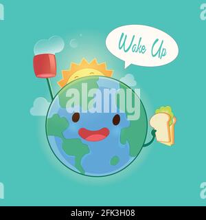 Mondo fumetti hanno una colazione e bere cioccolata calda per il benvenuto al nuovo giorno con la luce del sole. Avviare un giorno. Buona mattina. Vettore e illustrazione. Illustrazione Vettoriale