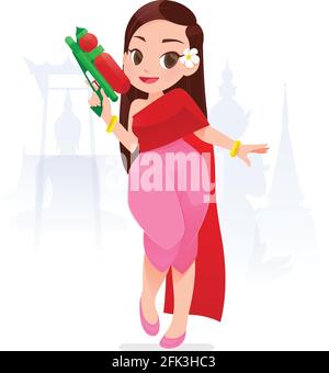 La donna cartoon in thai guarnizioni è in possesso di pistola ad acqua, il Songkran Festival, Cultura in Thailandia, illustrazione vettoriale Illustrazione Vettoriale