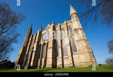 Durham, contea di Durham, Inghilterra. Vista dal basso angolo sul prato, sul lato est della cattedrale di Durham. Foto Stock