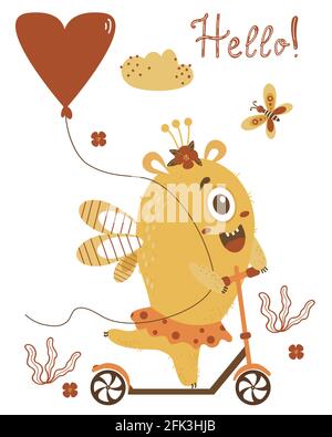 Collezione bambini. Carina ragazza mostro giallo guida uno scooter con una mongolfiera. Illustrazione vettoriale. Per cartoline, design, decorazioni e stampe per bambini Illustrazione Vettoriale