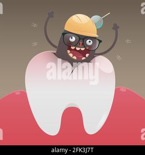 Il cattivo mostro è scavare e danneggiare il dente, un mal di denti è causato dalla carie, Cartoon vettore, il concetto di salute del dente Illustrazione Vettoriale