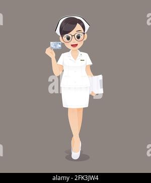 Cartoon donna medico o infermiera che indossa vetri marroni in uniforme bianca tenendo la scheda di assicurazione sanitaria su sfondo marrone, sorridente personale infermieristico femminile, Illustrazione Vettoriale