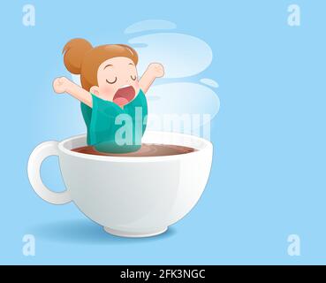 Sbadigliare donna in una tazza di caffè nero, Buongiorno tazza da caffè, concetto con arte digitale disegno vettoriale illustrazione circa la caffeina la dipendenza degli uomini che Illustrazione Vettoriale