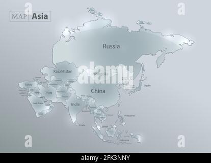 Mappa dell'Asia, separa stati e nomi, progetta una scheda di vetro vettoriale 3D Illustrazione Vettoriale