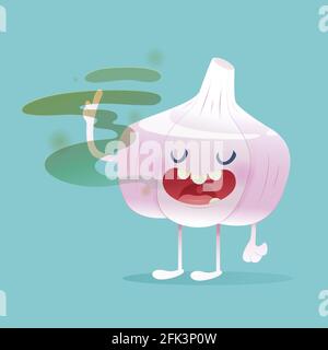 Halitosis concetto di aglio cartone animato con alito cattivo sul Sfondo verde - totale problemi di salute e di odontoiatria - illustrazione e disegno vettoriale Illustrazione Vettoriale