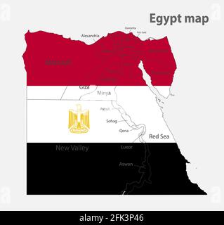 Mappa dell'Egitto nei colori della bandiera con vettore divisioni amministrative Illustrazione Vettoriale