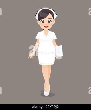 Cartoon donna medico o infermiere in uniforme bianca tenendo una clipboard, sorridente personale infermieristico femminile, illustrazione Vector in disegno di carattere Illustrazione Vettoriale