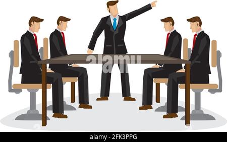 Uomo d'affari o boss che scolding i suoi colleghi in una riunione. Concetto di politica d'ufficio, conflitto aziendale o lavoro che non va bene. Vettore isolato illus Illustrazione Vettoriale