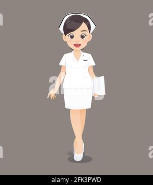 Cartoon donna medico o infermiere in uniforme bianca tenendo una clipboard, sorridente personale infermieristico femminile, illustrazione Vector in disegno di carattere Illustrazione Vettoriale