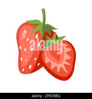 Fragola intera disegnata a mano e fetta isolata su sfondo bianco illustrazione del mezzo vettore di bacche rosse Illustrazione Vettoriale