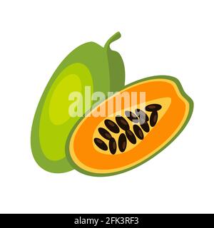Papaia, intera e tagliata a fette. Illustrazione vettoriale icona disegnata a mano di cibo sano estivo intero e mezzo isolato su bianco. Illustrazione Vettoriale