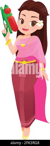La donna cartoon in thai guarnizioni è in possesso di pistola ad acqua, il Songkran Festival, Cultura in Thailandia, illustrazione vettoriale Illustrazione Vettoriale