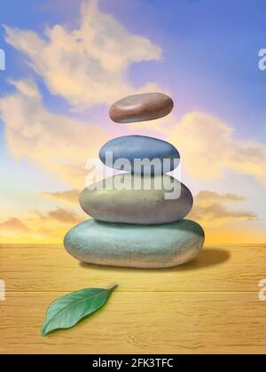 Mucchio di pietre lisce su una scrivania di legno. La pietra superiore è fluttuante a mezz'aria contro un bellissimo tramonto. Illustrazione digitale. Foto Stock