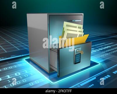I documenti fisici sono memorizzati nel cassetto di un armadio, protetti da un codice e da una chiave. Illustrazione digitale. Foto Stock