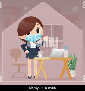 Donna business Cartoon che indossa maschera sanitaria in preparazione per il lavoro da casa, personale che indossa una maschera medica o maschera chirurgica, Coronaviru protezione Illustrazione Vettoriale