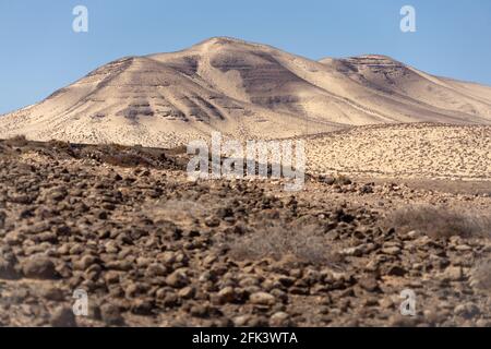 Colline bianche punteggiate da rocce laviche nere in un deserto paesaggio sotto un cielo blu senza nuvole Foto Stock