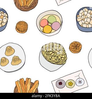 Cucina cinese senza cuciture modello. Design elemento di schizzo per menu cafè, bistrot, ristorante, panetteria, imballaggio e altre cose. Illustrazione vettoriale. Illustrazione Vettoriale