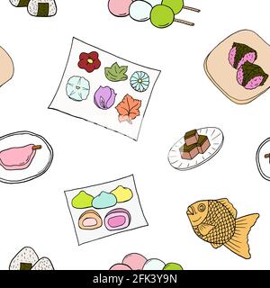 Cucina giapponese modello senza giunture. Design elemento di schizzo per menu cafè, bistrot, ristorante, panetteria, imballaggio e altre cose. Illustrazione vettoriale. Illustrazione Vettoriale