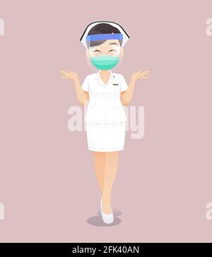 Cartoon donna medico o infermiera che indossa visiera in una uniforme bianca su uno sfondo rosa chiaro, femmina che indossa una maschera sanitaria o maschera chirurgica Illustrazione Vettoriale