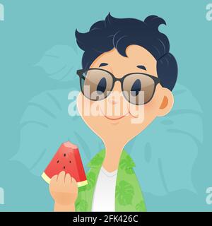 Uomini che mangiano l'anguria in estate. Concetti per l'illustrazione e la progettazione vettoriale Illustrazione Vettoriale