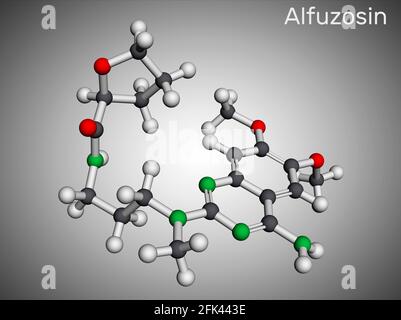 Molecola di Alfuzosina. È un agente antineoplastico, un agente antipertensivo, un antagonista alfa-adrenergico. Modello molecolare. Rendering 3D. Illustrazione Foto Stock