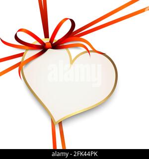 EPS 10 immagine vettoriale dell'arco a nastro rosso e. banda regalo a forma di pendente a cuore per san valentino saluti d'amore isolato su bianco backgr Illustrazione Vettoriale