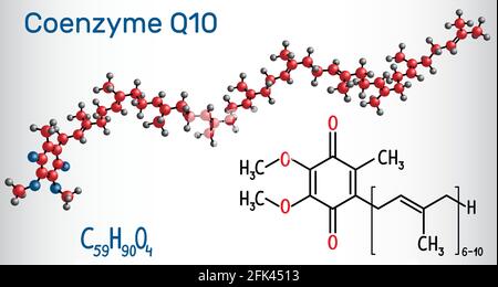 Molecola di coenzima Q10 (ubichinone, ubidecarenone, coenzima Q, CoQ10). È cofattore con proprietà antiossidanti. Formula chimica strutturale e. Illustrazione Vettoriale