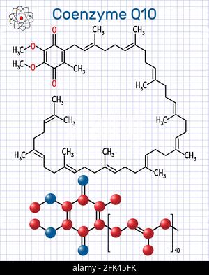 Molecola di coenzima Q10 (ubichinone, ubidecarenone, coenzima Q, CoQ10). È cofattore con proprietà antiossidanti. Formula chimica strutturale e mol Illustrazione Vettoriale
