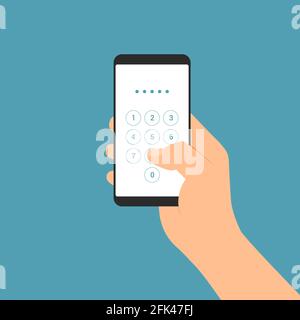 Disegno piatto illustrazione del telefono mobile di presa della mano maschio. Consente di immettere il codice PIN sul tastierino numerico del touchscreen - vettore Illustrazione Vettoriale