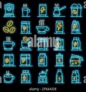 Set di icone per bevande energetiche. Contorno insieme di icone vettoriali di bevande energetiche colore neon su nero Illustrazione Vettoriale