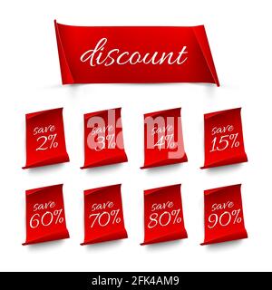 Set di etichette sconto rosse. Vendita banner adesivi con prezzo percentuale diverso offerta vettore illustrazione. Badge promozionali speciali per risparmiare denaro sulla parte posteriore bianca Illustrazione Vettoriale