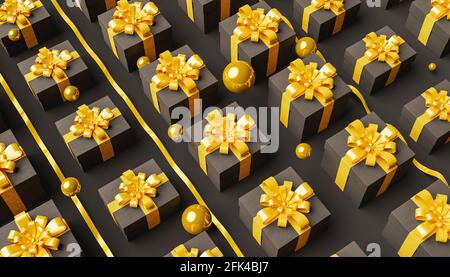 confezioni regalo con archi e sfere d'oro Foto Stock