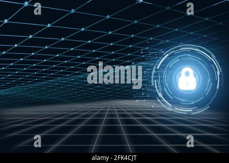 Concetto di sicurezza informatica. Simbolo di blocco con linee e punti luce che collegano la rete su sfondo blu, illustrazione 3D. Foto Stock